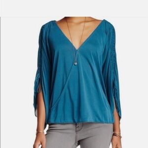 Free People Salt N Peppa surplice top strappy ruched sleeves jade green/blue
